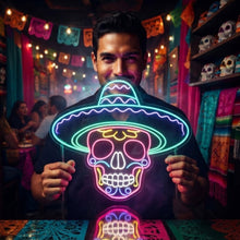 Load image into Gallery viewer, Sombrero Sugar Skull Neon Sign, Mariachi Skull Neon Sign, Calavera Neon Sign
