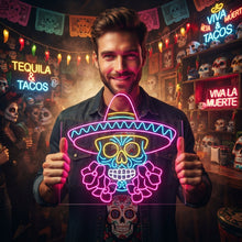 Load image into Gallery viewer, Sugar Skull Neon Sign, Sombrero Calavera Neon Sign, Charro Skull Neon Sign
