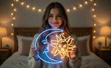 Load image into Gallery viewer, Moon face neon sign, sun face neon sign, luna neon sign, Neon Moon Mommy and Baby Sun decor, kid's room wall decor, Moon and Sun Lover Gift 25in
