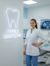 Load image into Gallery viewer, Family dentistry neon sign, molar tooth dental office neon sign

