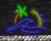 Load image into Gallery viewer, Wave sun palm neon sign, Tropical neon sign, Beach theme neon light, Surfing neon light, Sunset beach neon decor, Tropical paradise neon

