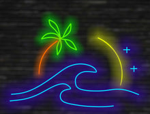 Load image into Gallery viewer, Wave sun palm neon sign, Tropical neon sign, Beach theme neon light, Surfing neon light, Sunset beach neon decor, Tropical paradise neon
