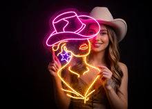 Load image into Gallery viewer, Cowgirl neon sign, girl in a cowboy hat led neon light, woman with a star earring light up sign, custom western decor
