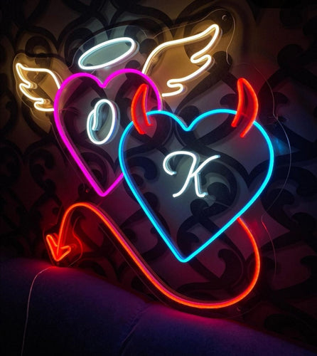 Devil and Angel Neon Sign Custom LED Neon | Angel and Demon Led Neon Light| Heart Neon Sign| Neon Wall Decor