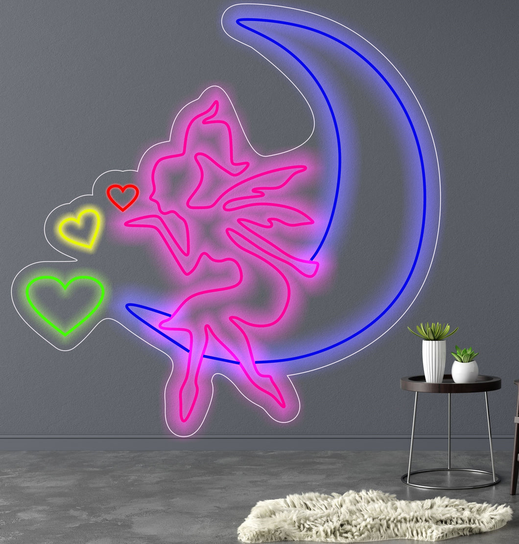 Flying fairy neon sign, a fairy with a moon led neon, custom gift for kids, light sign for nursery, led light