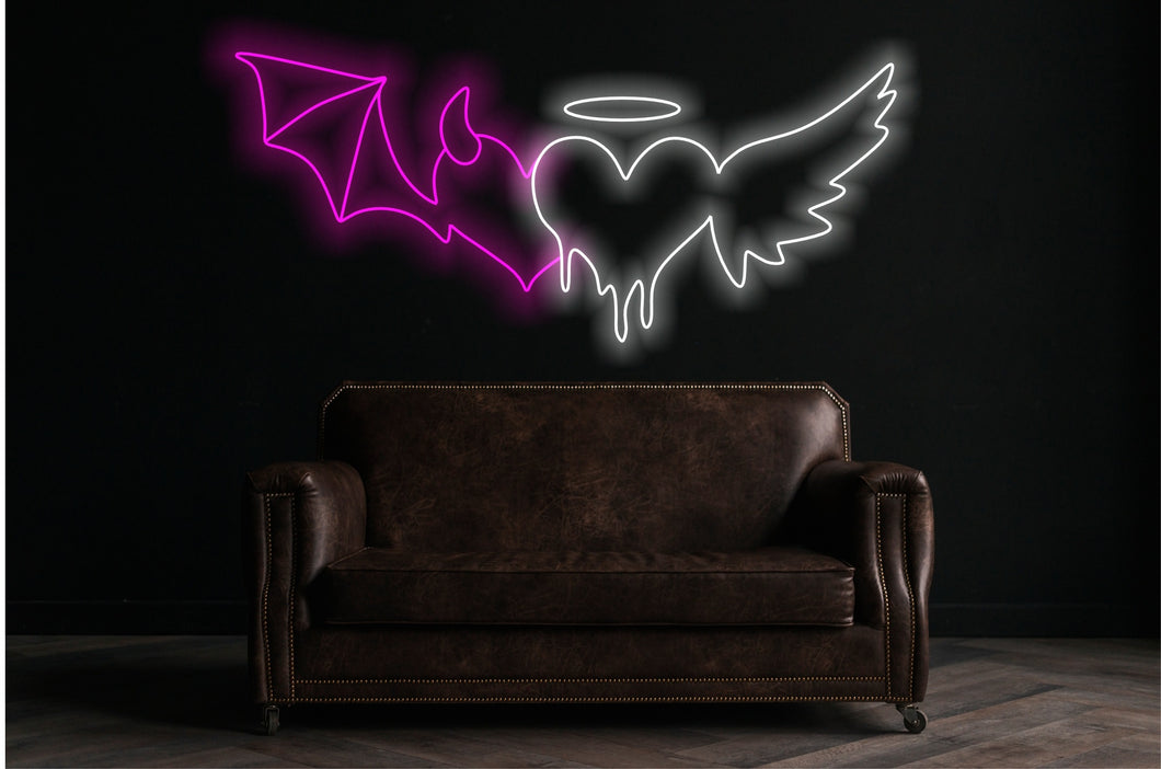Angel and Devil Neon Sign - Custom Neon Sign, Melting Heart, Angel and Demon, Led Neon Light, Heart Neon Sign, Wall Decor, Valentine's Day Gift