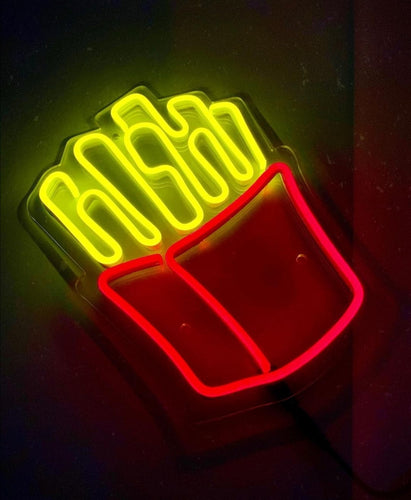 French fries neon sign, fried potato chips neon light, french fries in a bag led light, fast food, street food led sign