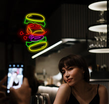 Load image into Gallery viewer, Burger neon sign, hamburger neon sign, fast food neon sign, Sandwich neon sign, burger in flight neon sign
