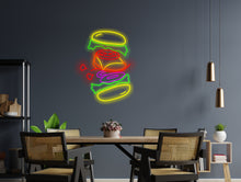 Load image into Gallery viewer, Burger neon sign, hamburger neon sign, fast food neon sign, Sandwich neon sign, burger in flight neon sign
