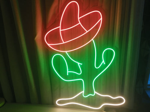 Cactus neon sign, sombrero on cactus 