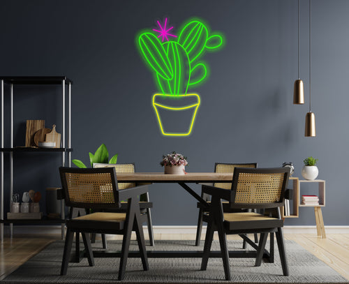 Cactus neon sign, cactus in a pot led light, Cactaceae neon sign