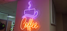 Load image into Gallery viewer, Neon coffee cup neon sign with coffee written on it is
