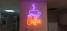 Load image into Gallery viewer, Coffee cup neon sign, custom neon sign, neon coffee lettering, coffee bar decor, Neon coffee sign
