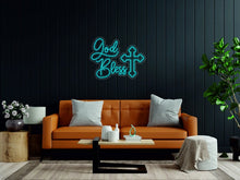 Load image into Gallery viewer, God bless light neon sign - LED neon sign cross decor above bed decor, gift for christian, blessed sign neonartUA
