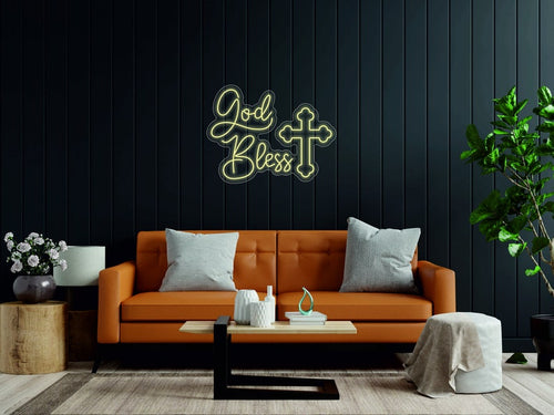 God bless light neon sign - LED neon sign cross decor above bed decor, gift for christian, blessed sign neonartUA