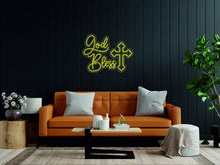 Load image into Gallery viewer, God bless light neon sign - LED neon sign cross decor above bed decor, gift for christian, blessed sign neonartUA
