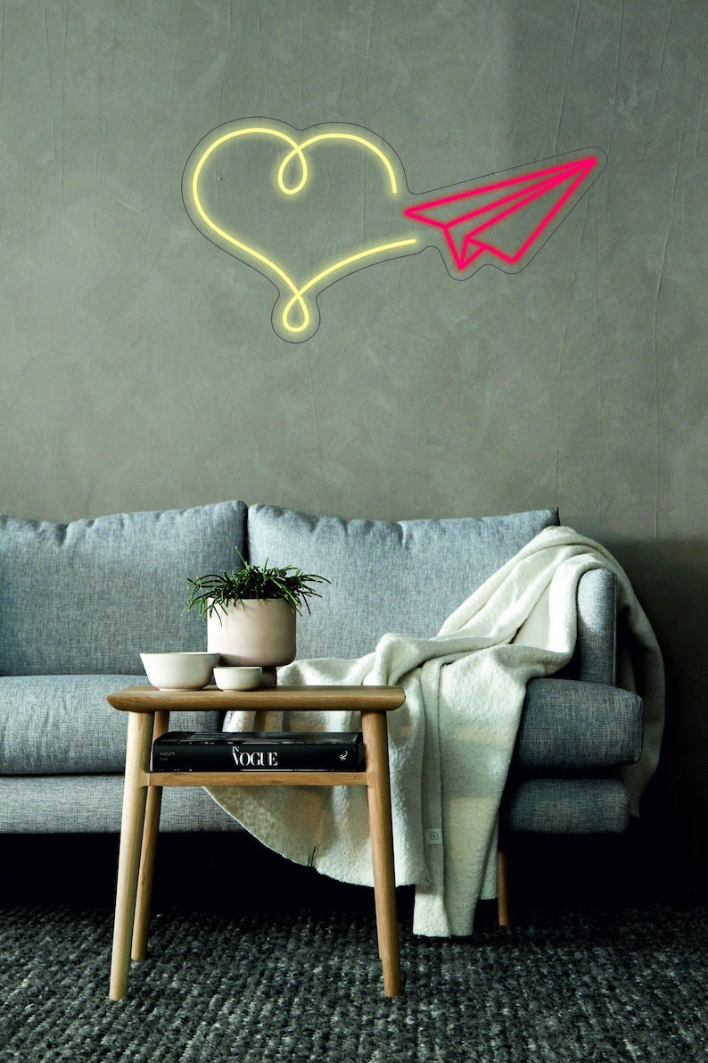 Paper Heart Airplane, Plane with a Heart Neon Led light Sign 