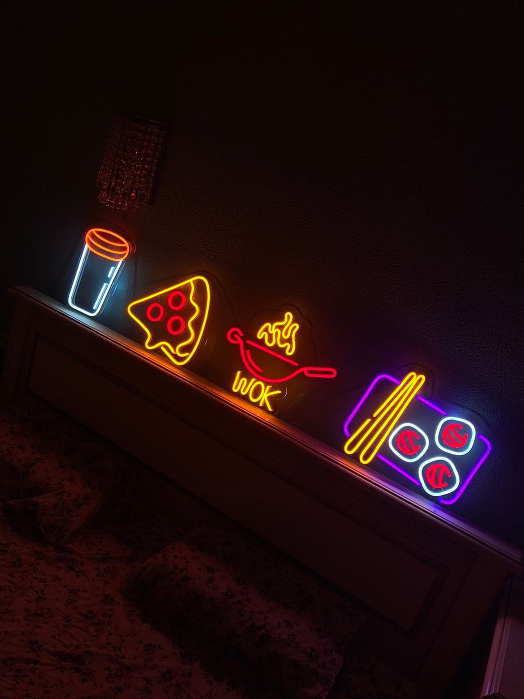 Products Set neon sign sushi, grill, coffee, pizza