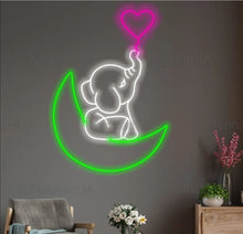 Load image into Gallery viewer, Elephant neon sign, elephant in the moon neon sign, elephant in the moon neon sign for lovers, neon sign for kids green
