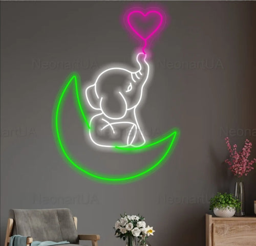 Elephant neon sign, Animal sign, Baby neon sign, Nursery decor sign, Moon neon decor, Nursery neon sign, Custom neon sign, Neon wall art