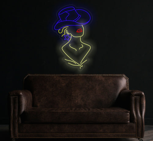 Cowgirl neon sign, girl in a cowboy hat led neon light, woman with a star earring light up sign, custom western decor