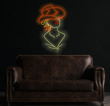 Load image into Gallery viewer, Cowgirl neon sign, girl in a cowboy hat led neon light, woman with a star earring light up sign, custom western decor

