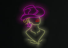 Load image into Gallery viewer, Cowgirl neon sign, girl in a cowboy hat led neon light, woman with a star earring light up sign, custom western decor
