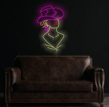 Load image into Gallery viewer, Cowgirl neon sign, girl in a cowboy hat led neon light, woman with a star earring light up sign, custom western decor

