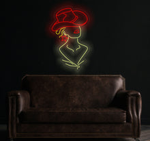 Load image into Gallery viewer, Cowgirl neon sign, girl in a cowboy hat led neon light, woman with a star earring light up sign, custom western decor
