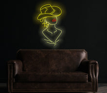 Load image into Gallery viewer, Cowgirl neon sign, girl in a cowboy hat led neon light, woman with a star earring light up sign, custom western decor
